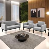 Conjunto 2 Poltronas E 1 Namoradeira Decorativa Pés Fixo Em Madeira Preto Suede Cinza