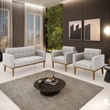 Conjunto 2 Poltronas E 1 Namoradeira Decorativa Pés Fixo Em Madeira Castanho Veludo Cinza