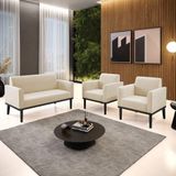 Conjunto 2 Poltronas E 1 Namoradeira Decorativa Pés Fixo Em Madeira Preto Suede Bege