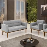 Conjunto Poltrona E Namoradeira Decorativas Pés Fixo Em Madeira Castanho Suede Cinza