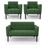 Conjunto 2 Poltronas E 1 Namoradeira Decorativa Pés Fixo Em Madeira Preto Suede Verde