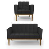 Conjunto Poltrona E Namoradeira Decorativas Pés Fixo Em Madeira Castanho Pu Preto