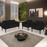 Conjunto 2 Poltronas E 1 Namoradeira Decorativa Pés Fixo Em Madeira Preto Linho Preto