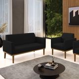Conjunto Poltrona E Namoradeira Decorativa Pés Fixo Em Madeira Castanho Linho Preto