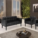 Conjunto Poltrona E Namoradeira Decorativa Pés Fixo Em Madeira Pu Preto Brilho