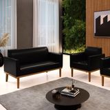 Conjunto Poltrona E Namoradeira Decorativa Pés Fixo Em Madeira Castanho Pu Preto Brilho