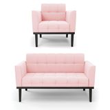 Conjunto Poltrona E Namoradeira Decorativa Pés Fixo Em Madeira Preto Suede Rosa Bebê