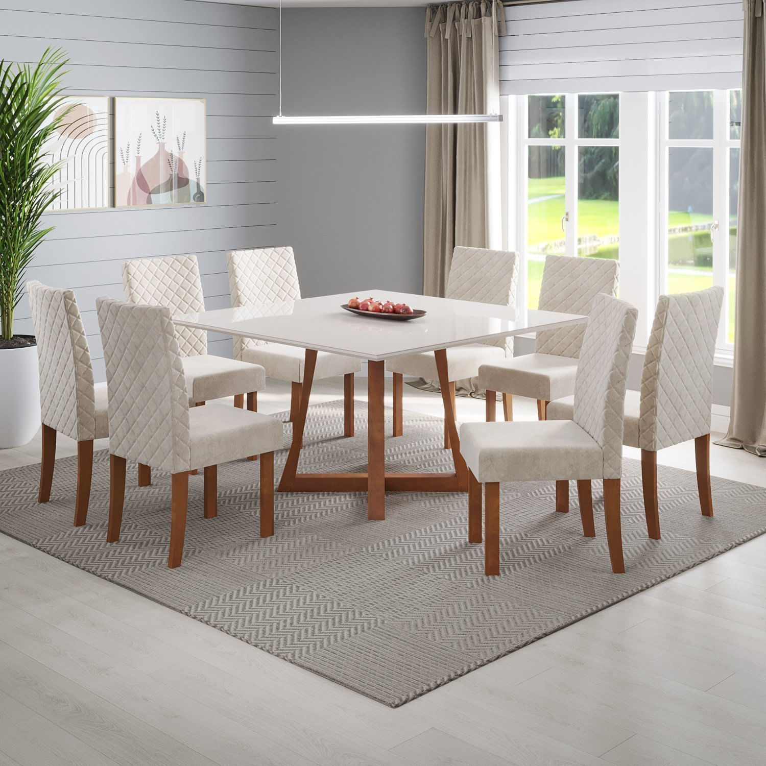 Conjunto Sala De Jantar Mesa Anna Madeira Maciça Com Vidro Quadrado 136x136cm Com 8 Cadeiras Dalia