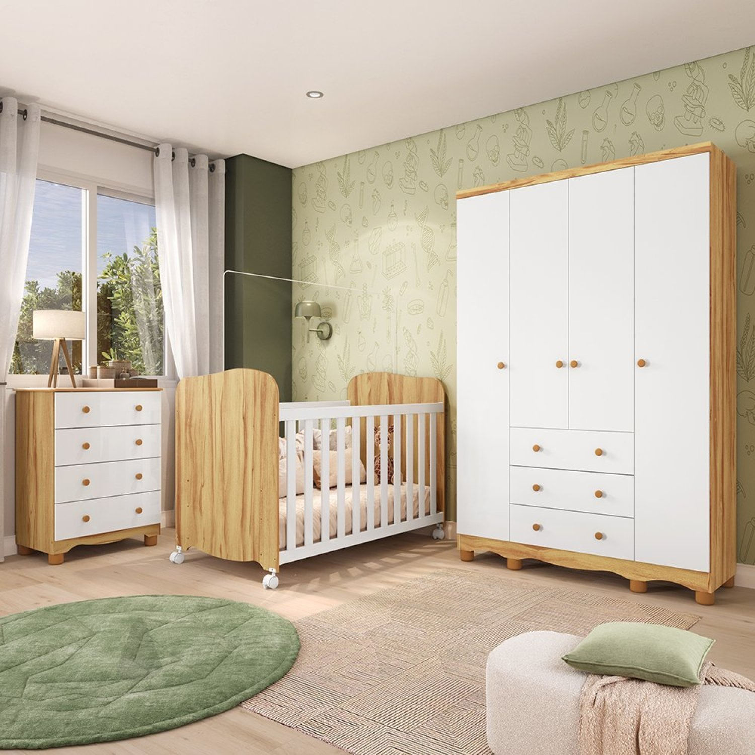 Quarto De Bebê Com Guarda Roupas 4 Portas Cômoda E Berço Com Rodizio Mimo 100% Mdf Espresso Móveis Branco Brilho/amêndoa