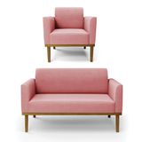 Conjunto Poltrona E Namoradeira Decorativa Pés Fixo Em Madeira Castanho Suede Rose