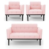 Conjunto 2 Poltronas E 1 Namoradeira Decorativa Pés Fixo Em Madeira Preto Suede Rosa Bebê