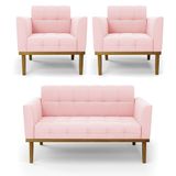 Conjunto 2 Poltronas E 1 Namoradeira Decorativa Pés Fixo Em Madeira Castanho Suede Rosa Bebê