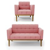 Conjunto Poltrona E Namoradeira Decorativas Pés Fixo Em Madeira Castanho Suede Rose