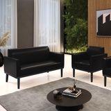 Conjunto Poltrona E Namoradeira Decorativa Pés Fixo Em Madeira Pu Preto Brilho