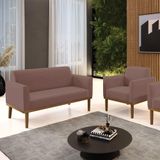 Conjunto Poltrona E Namoradeira Decorativa Pés Fixo Em Madeira Castanho Veludo Rose