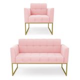 Kit 1 Sofá Namoradeira E 1 Poltrona Suede Base Metálica Industrial Dourado - D\&#39;rossi Cor Rosa Bebê