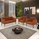 Conjunto 2 Poltronas E 1 Namoradeira Decorativa Pés Fixo Em Madeira Castanho Pu Nozes
