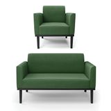 Conjunto Poltrona E Namoradeira Decorativa Pés Fixo Em Madeira Preto Suede Verde