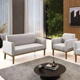 Conjunto Poltrona E Namoradeira Decorativa Pés Fixo Em Madeira Castanho Veludo Cinza