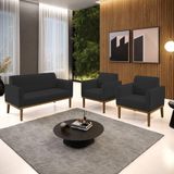 Conjunto 2 Poltronas E 1 Namoradeira Decorativa Pés Fixo Em Madeira Castanho Veludo Preto