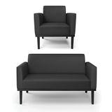 Conjunto Poltrona E Namoradeira Decorativa Pés Fixo Em Madeira Preto Pu Preto