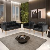 Conjunto 2 Poltronas E 1 Namoradeira Decorativa Pés Fixo Em Madeira Castanho Pu Preto Brilho