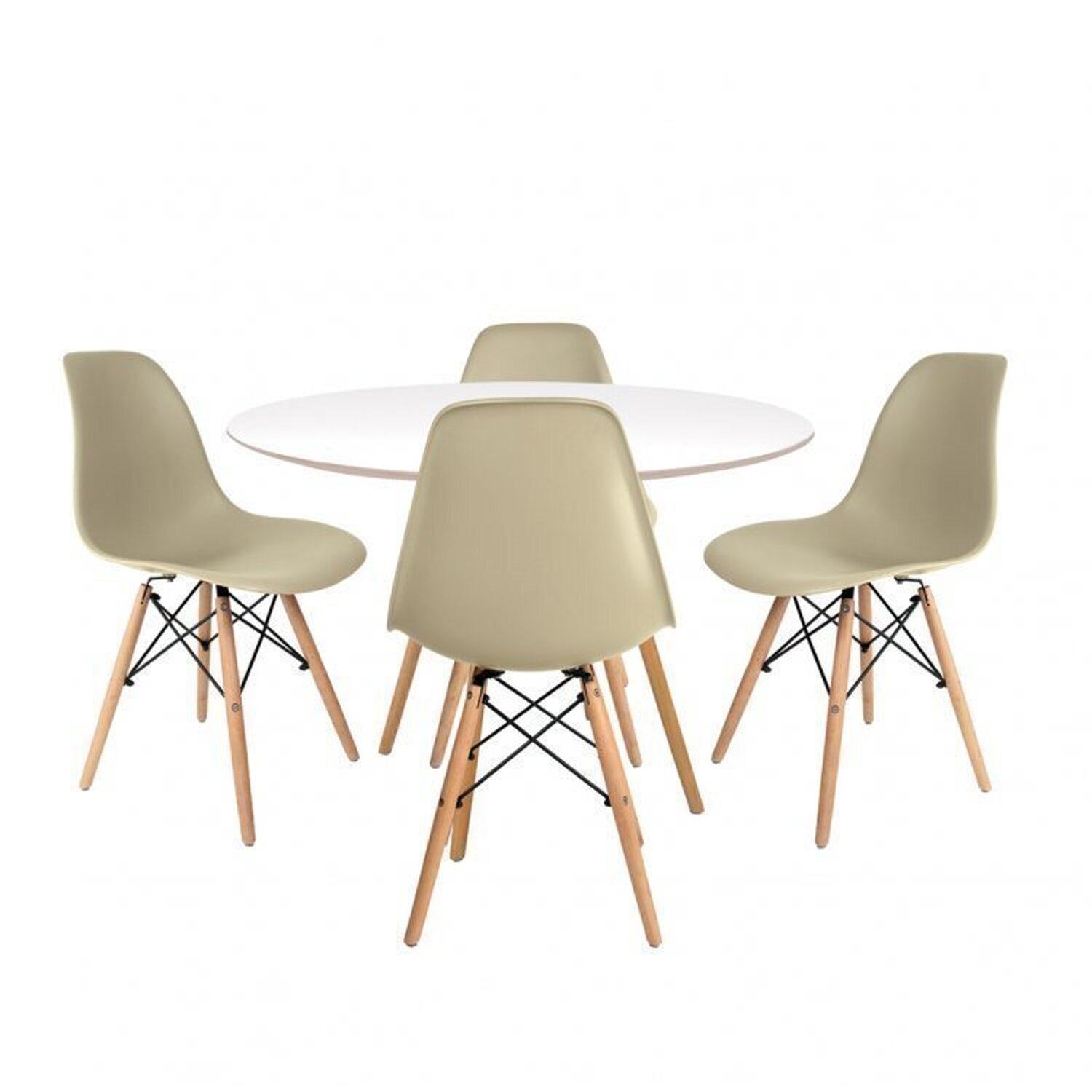 Conjunto Mesa Redonda 90cm Tampo Em Mdf 4 Cadeiras Pp Base Madeira Eames Dsw-m Branco/fendi