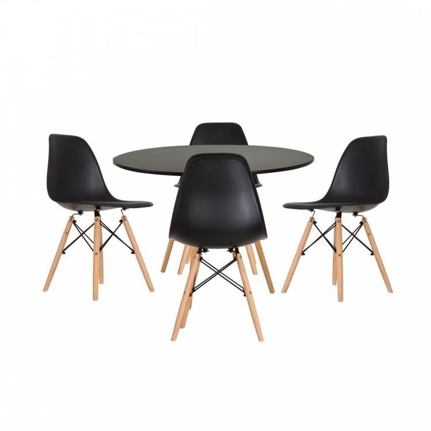 Conjunto Mesa Redonda 90cm Tampo Em Mdf 4 Cadeiras Pp Base Madeira Eames Dsw-m Preto