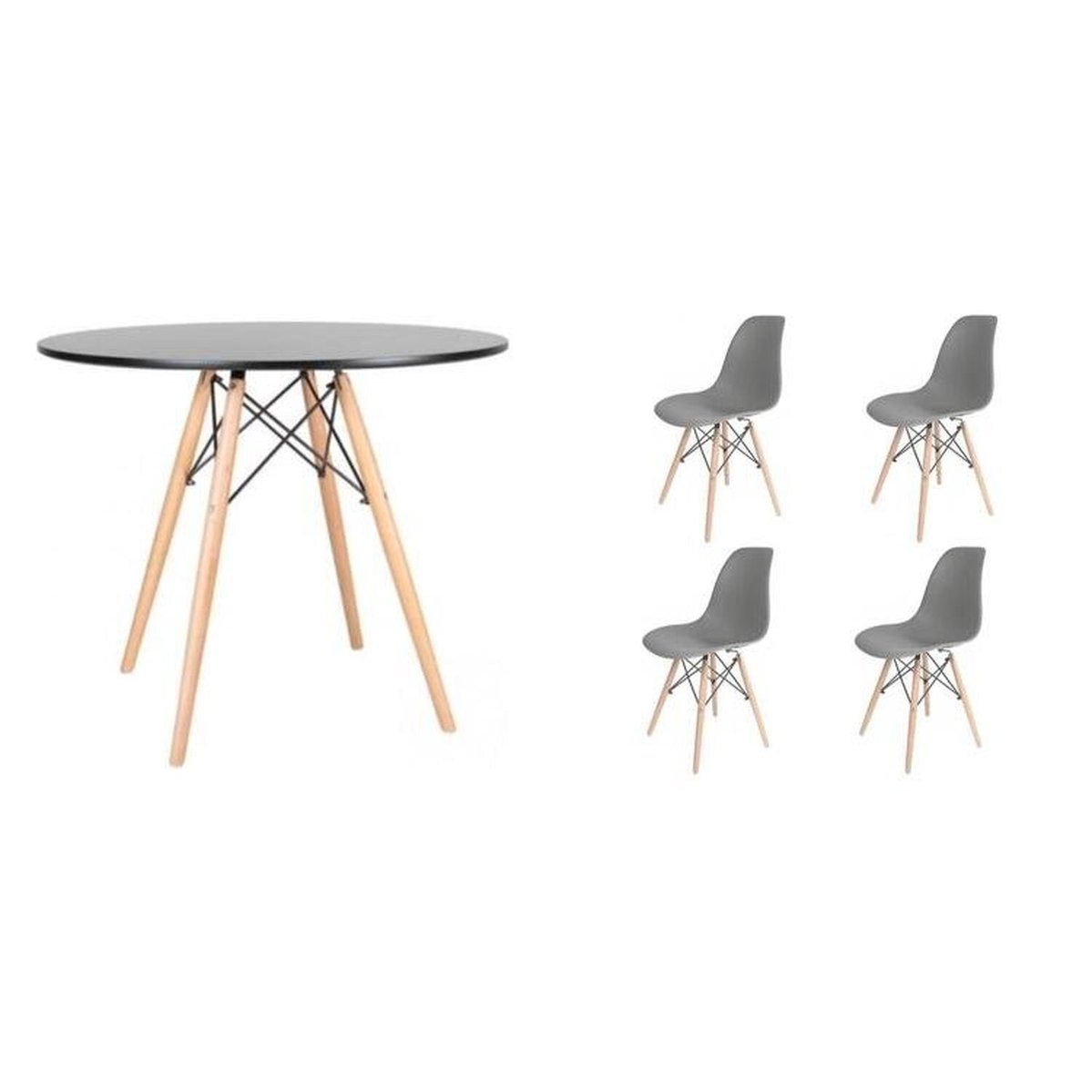 Conjunto Mesa Redonda 90cm Tampo Em Mdf 4 Cadeiras Pp Base Madeira Eames Dsw-m Preto/cinza Brasão