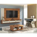 Conjunto Sala De Estar Painel Para Tv Até 75 Pol Com Mesa De Centro Dunas E Aparador Com Espelho Cinamomo/off White