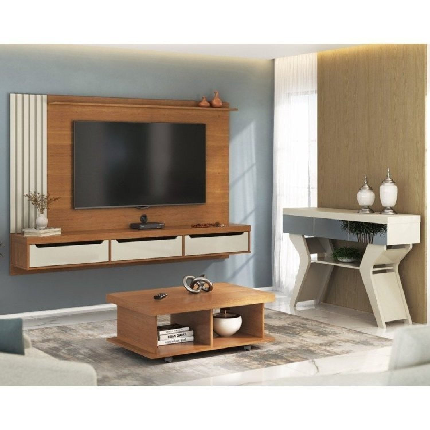 Conjunto Sala De Estar Painel Para Tv Até 75 Pol Com Mesa De Centro Dunas E Aparador Com Espelho Cinamomo/off White