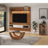 Conjunto Sala De Estar Painel Para Tv Até 75 Pol Atenas Com Mesa De Centro Onda E Carrinho Bar Brito Cinamomo/off White