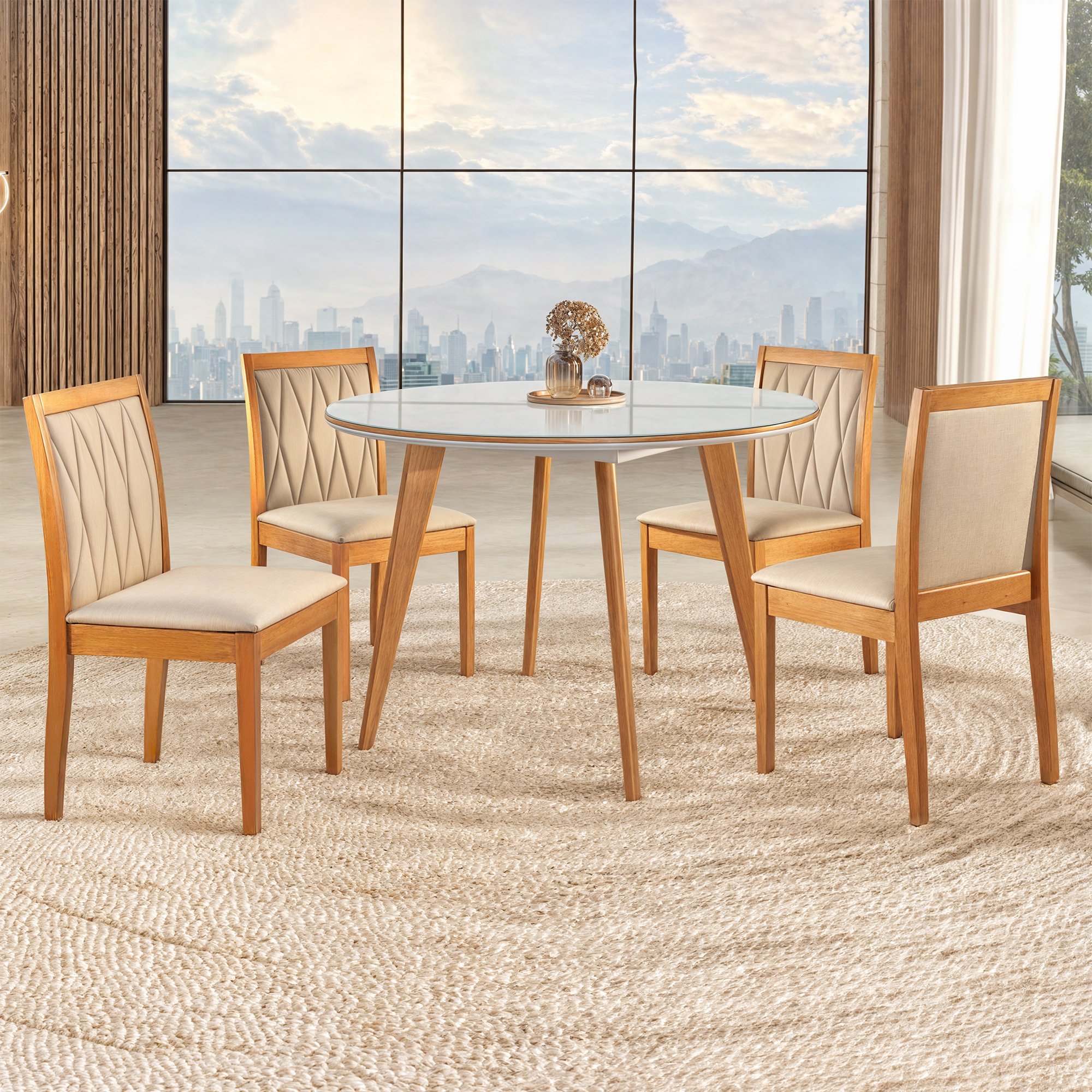 Conjunto Sala De Jantar Mesa Godam 110cm Com 4 Cadeiras Hydra estrutura Em Madeira Maciça E Tampo Mdf/vidro Cinamomo/off White/terra