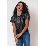 Blusa Feminina Couro Pu Recortes Polo Wear Preto