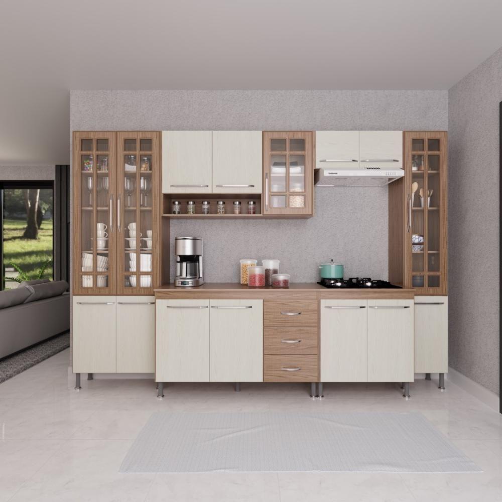 Cozinha Modulada Completa Fidelitá Paris 6 Peças 295cm 15 Portas 3 Gavetas Com Tampo Nogal/salinas