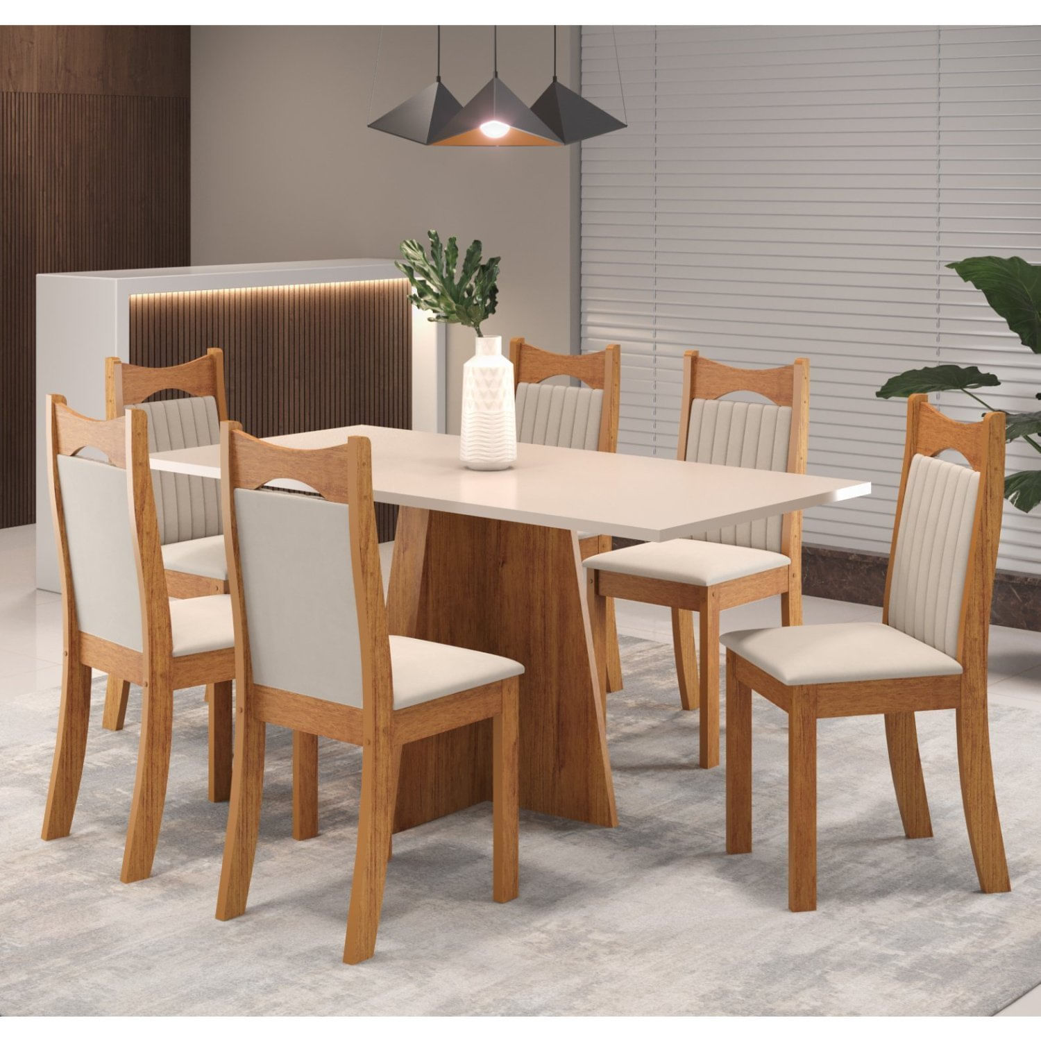 Mesa De Jantar Retangular Trapiche Com 6 Cadeiras Dalas Mel/blonde/marfim