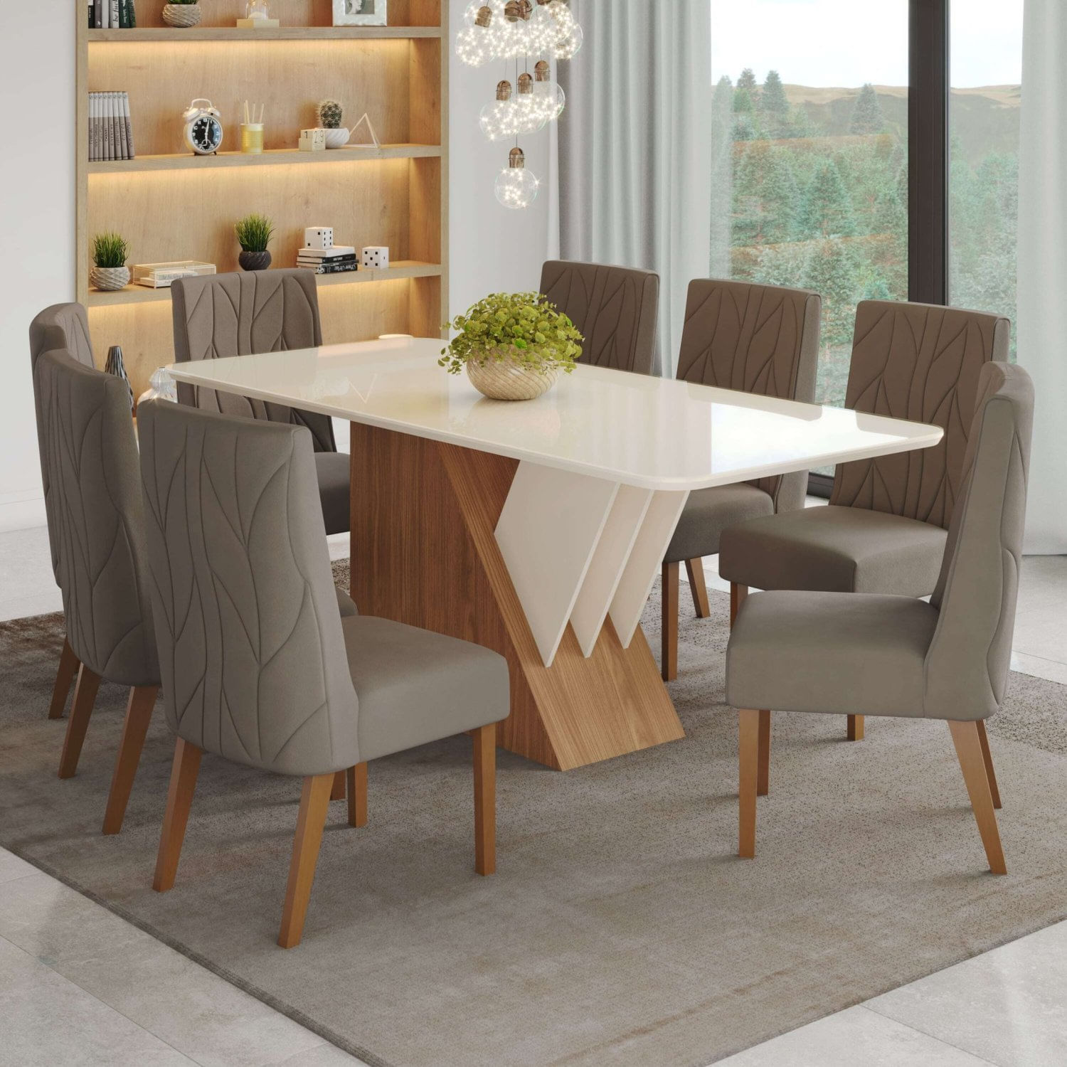 Conjunto Sala De Jantar Mesa Tampo Mdf E Vidro 8 Cadeiras Jéssica Espresso Móveis Nature/off White/marrom Amêndoa