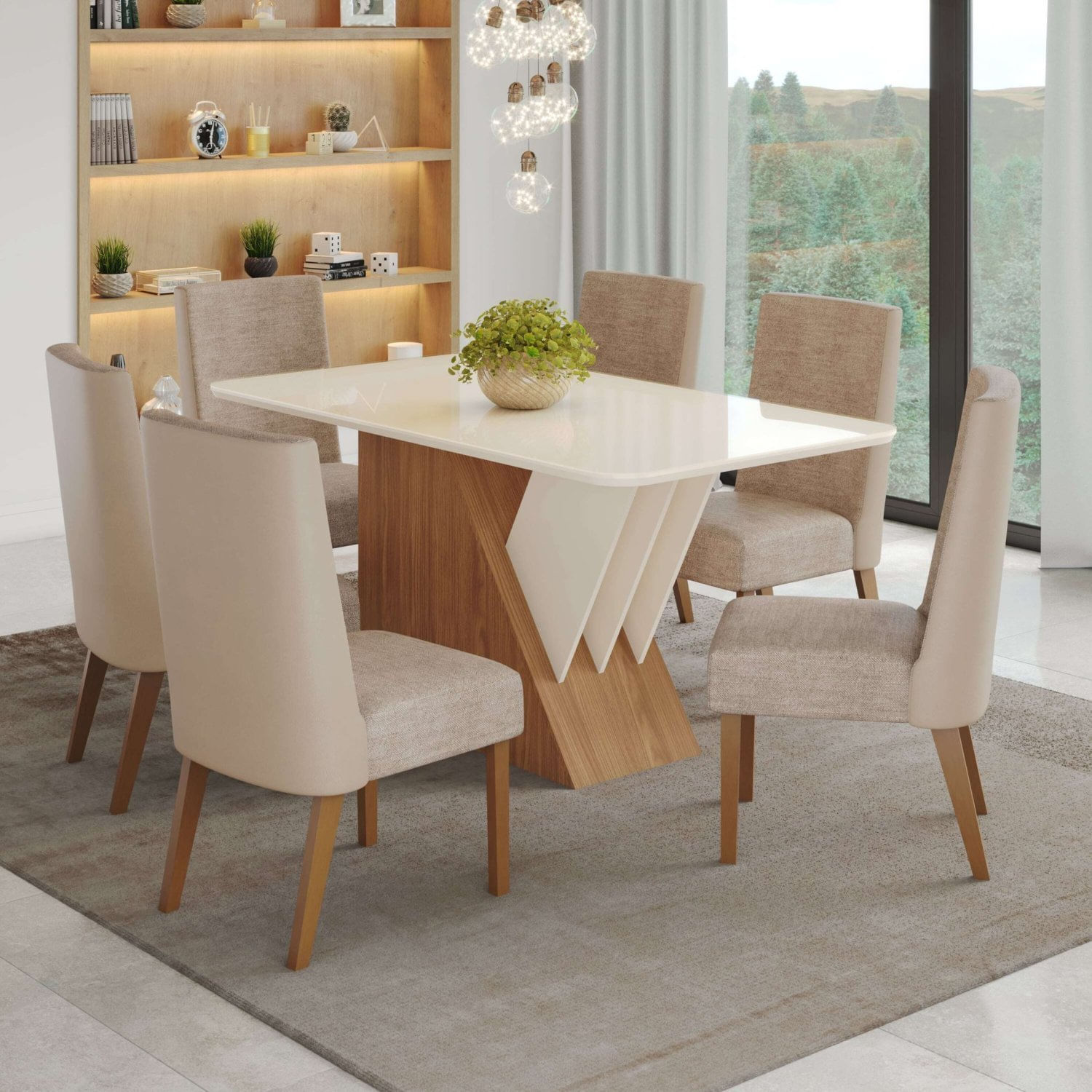 Conjunto Sala De Jantar Mesa Tampo Mdf E Vidro 6 Cadeiras Tainá Espresso Móveis Nature/off White/ Bege/creme