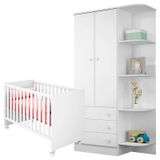 Quarto De Bebê Berço Americano Mini Cama E Guarda Roupa Infantil 2 Portas Com Cantoneira Doce Sonho Branco Brilho -qmovi