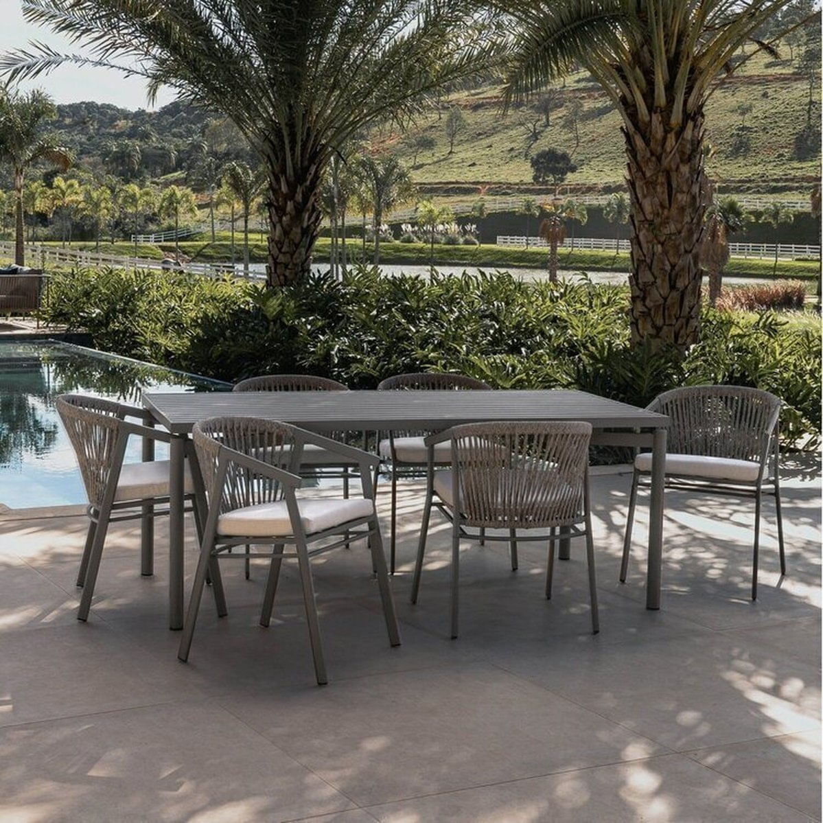 Conjunto Jardim E Varanda 1 Mesa 190cm 6 Cadeiras Com Braços Refúgio Cabecasa Madeiramadeira Champagne/quaker Areia