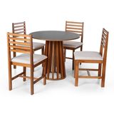 Conjunto Mesa De Jantar Talia 90cm E 4 Cadeiras Luna Estofadas – Madeira Maciça Preto/bege