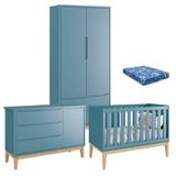 Quarto De Bebê Classic 2 Portas Com Colchão Azul Pés Madeira Natural - Reller