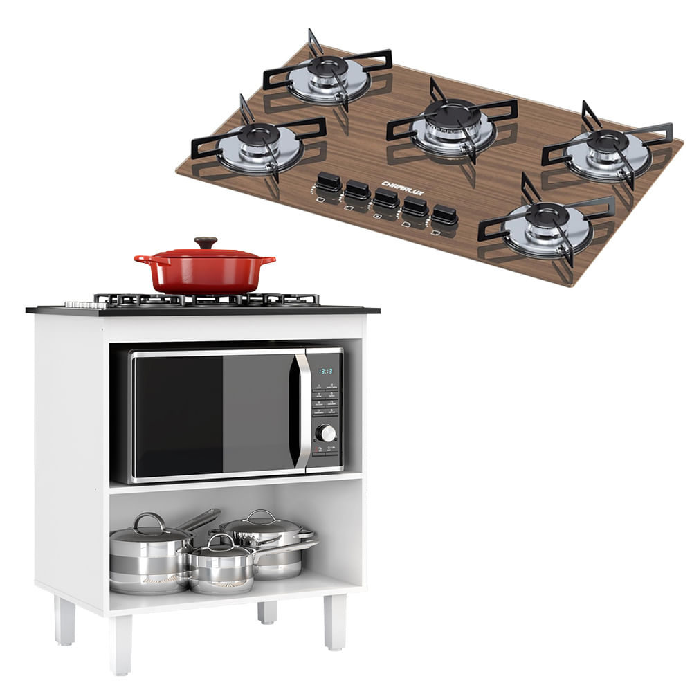 Kit Balcão Cooktop Zanzini Italia Branco Sem Porta E Fogão Cooktop 5 Bocas Amadeirado Ultra Chama Chamalux