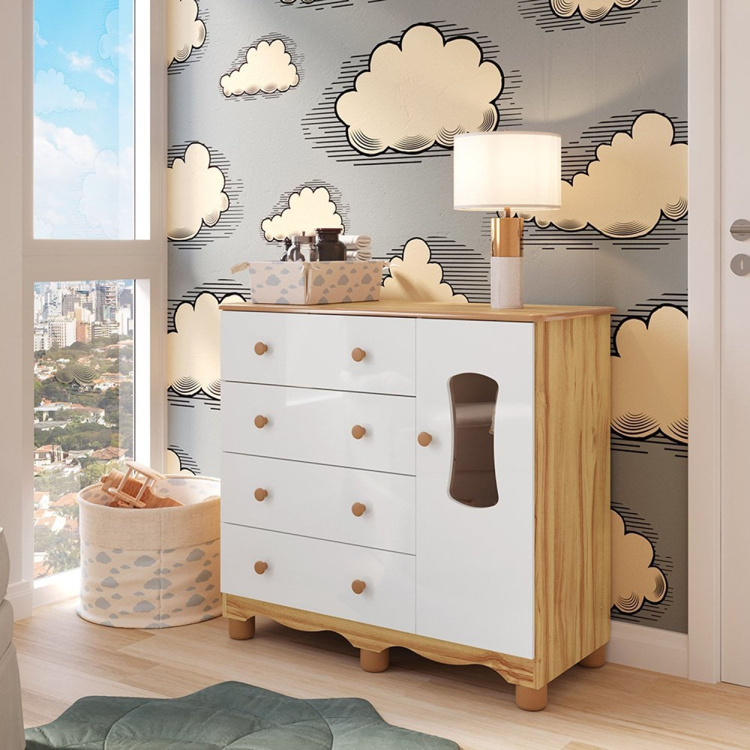 Cômoda Infantil 1 Porta Com Janela E 4 Gavetas 100% Mdf Lana Espresso Móveis Branco Brilho/amêndoa