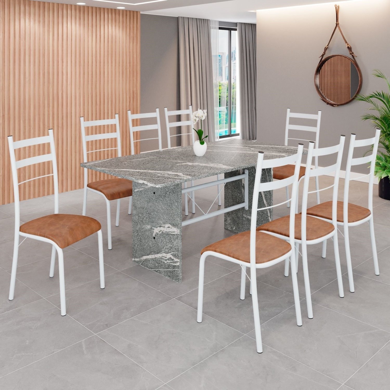 Conjunto Sala De Jantar Mesa Retangular 180x75cm Tampo Granito Topázio 8 Cadeiras Marselha C. Marrom / Branco