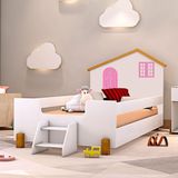 Cama Montessori Casinha Infantil Com Escadinha Branco Rosa Belíssima Divaloto