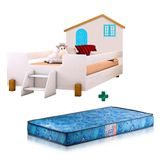 Cama Montessori Casinha Solteiro Branco Azul Belíssima Divaloto Com Colchão Gazin