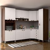 Armário De Cozinha Completa 8 Peças Com Tampo E Espaço Para Micro-ondas Safira Luciane Móveis Nogueira Dourado C/ Branco Pet E Marmore