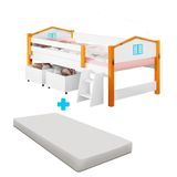 Cama Infantojuvenil Solteiro Casinha Com Colchão E Baús Branco Azul Elza Divaloto