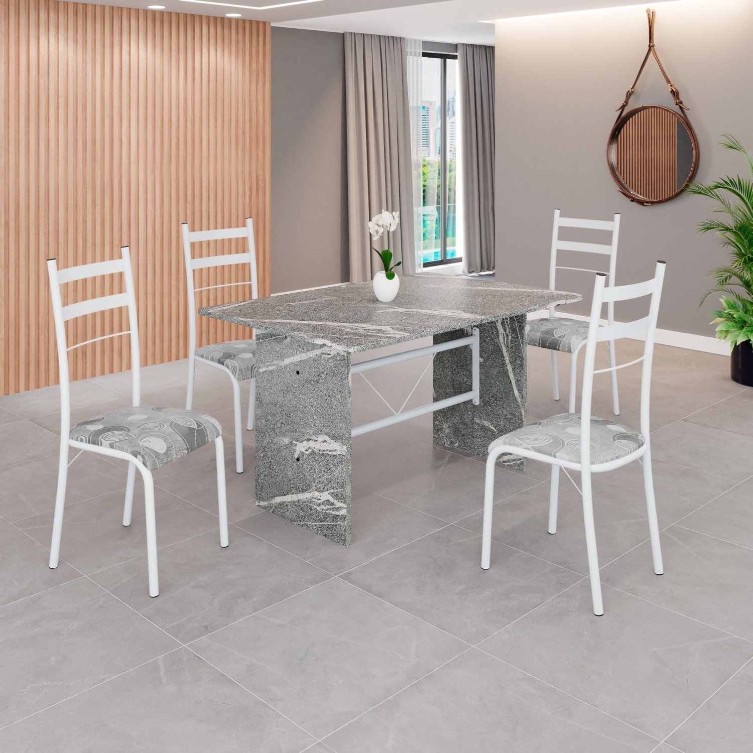 Conjunto Sala De Jantar Mesa Retangular 120x75cm Tampo Granito Topázio 4 Cadeiras Marselha Paraopeba / Branco